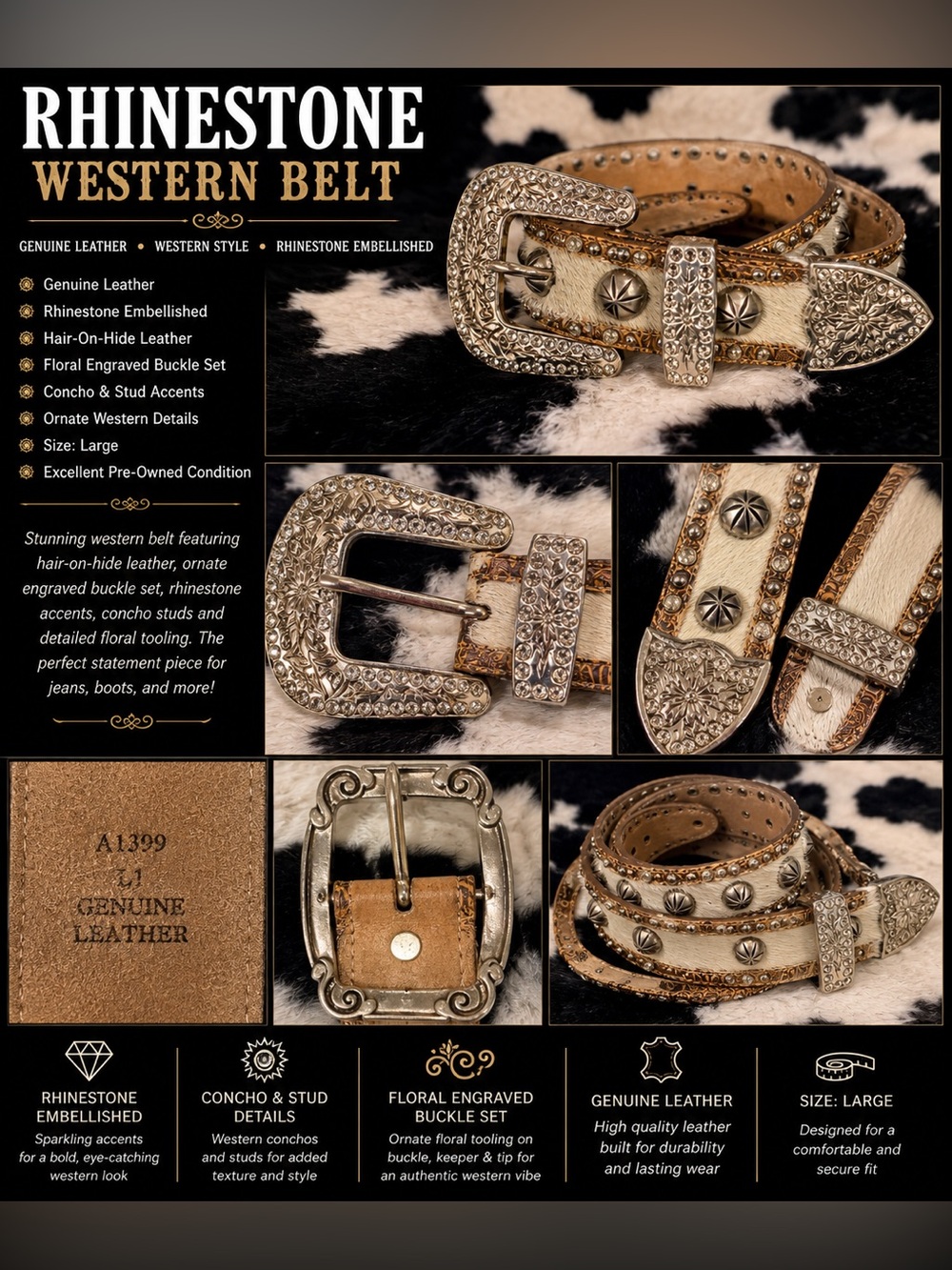 Rhinestone Western Hair-on-Hide Belt - Silver Buckle, Tan & Cream